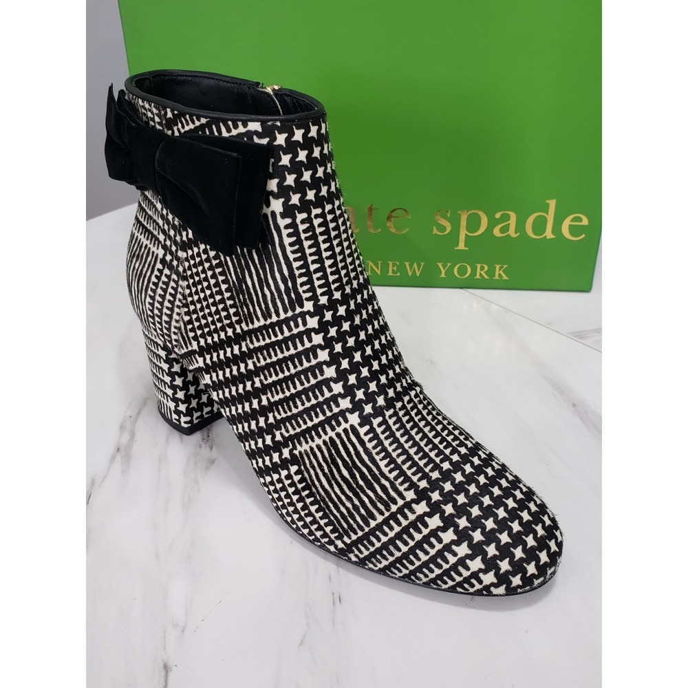 SZ 9.5 CALF HAIR Kate Spade Holly Houndstooth Black White Block Heel Ankle Boots - Picture 8 of 8